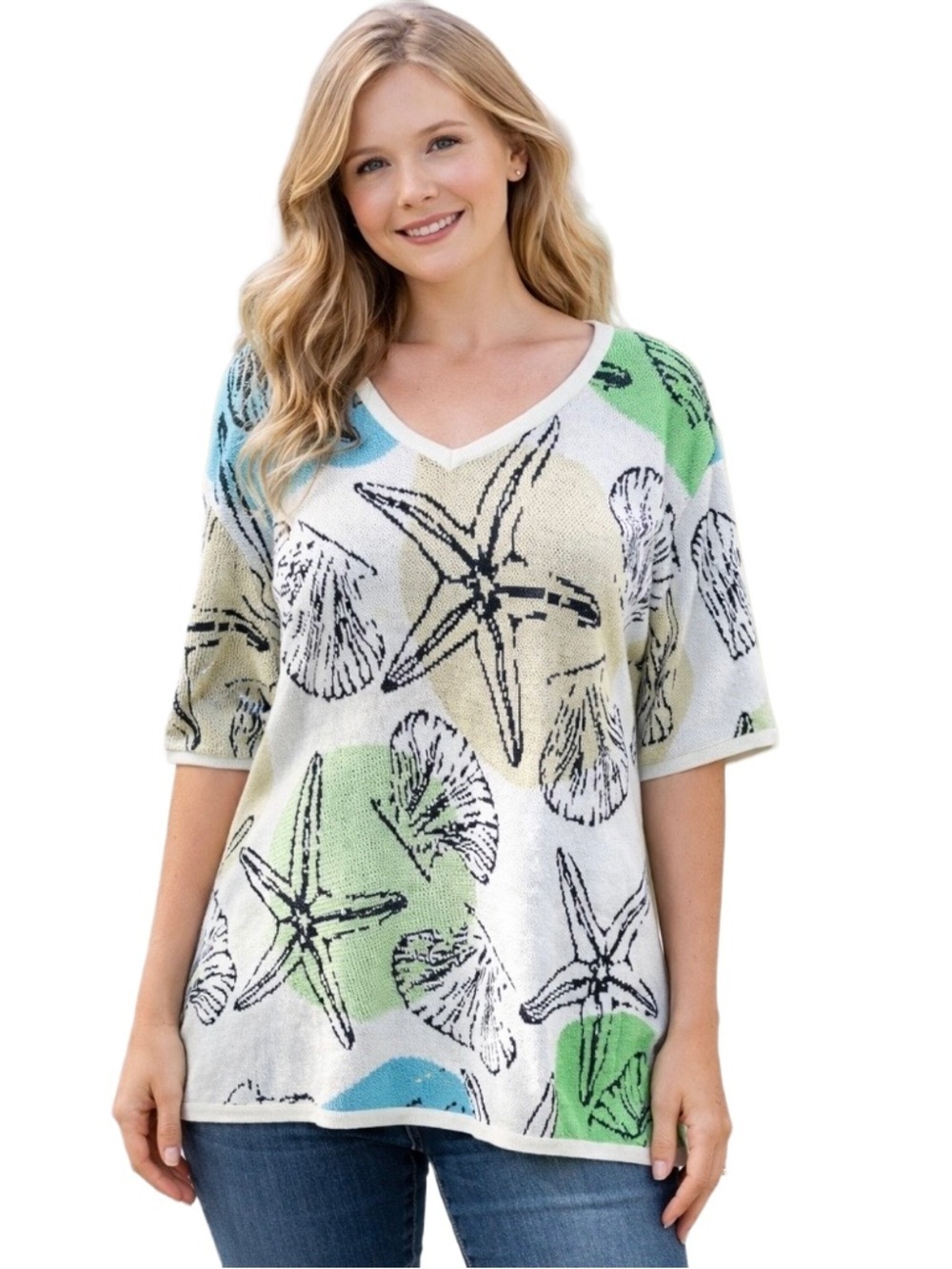 Funsport Lightweight Coastal/ Beachy Patterned Knit Short Sleeve Top. Size M